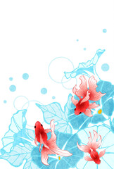 金魚、暑中見舞い、琉金、イラスト、和風、あさがお、夏、かわいい、琉金、縦