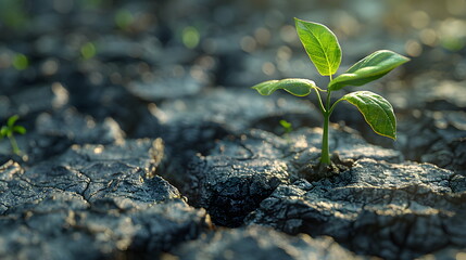 Plant in dried cracked earth. Life in the desert. Drought