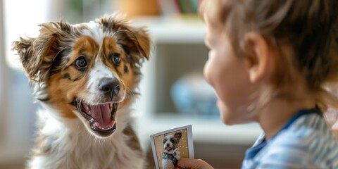 a joyful child holding up an animal flash card during a session with their speech therapist, comforting atmosphere for learning