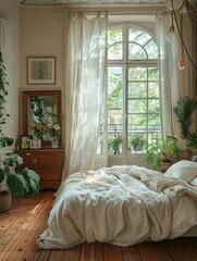 A bedroom with a bed next to a large window with sheer white curtains dancing gently in the breeze