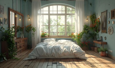 A bedroom with a bed next to a large window with sheer white curtains dancing gently in the breeze