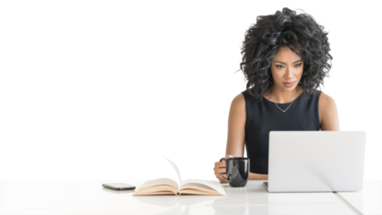 Laptop, desk and business woman with coffee, typing email or search internet in startup. Computer, drink tea and creative copywriter at table writing blog isolated on a transparent png background