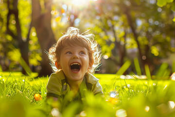 A child playing in a park on a sunny day, captured in midlaughter, Photography, Bright colors, High detail