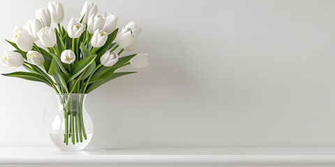 Closeup of white tulips standing in the sunny room Mockup for greetings with valentines mothers day and Easter celebration.