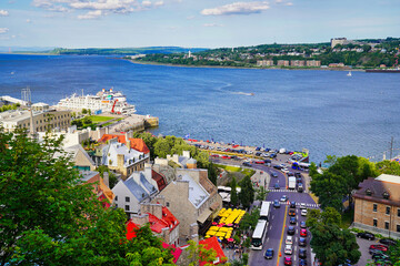 Magnificent Wide angle panorama view from the top of the Dufferin terrace of St. Lawrence river...