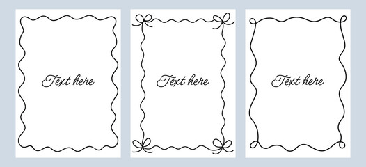 Set wavy frames template with space for text. Hand drawn black frames with cute bow isolated on background. Horizontal square wave border frame card.