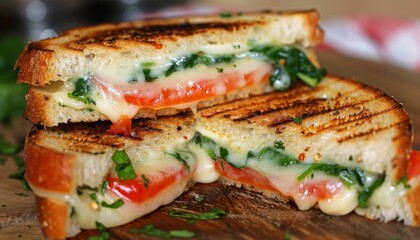 Grilled cheese with melted cheese tomatoes and spinach halves