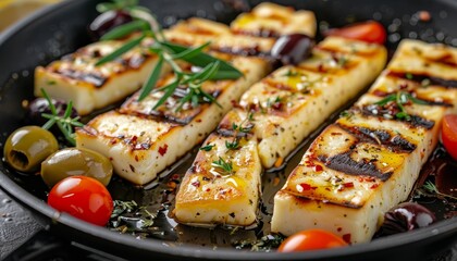 Grilled halloumi cheese Eastern Mediterranean tradition Black pan olives tomatoes cucumbers thyme lemon black background close up - Powered by Adobe