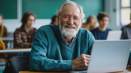 Senior man sitting in the classroom with laptop