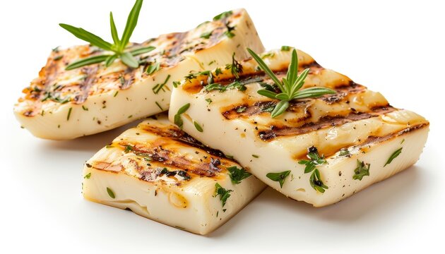 Grilled hallumi cheese against a white backdrop