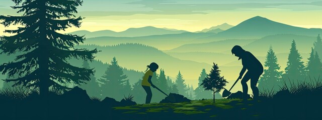 Planting trees by adults and children in the forest or park. Silhouette illustration.
