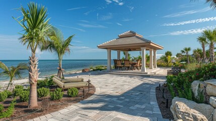 Obraz premium A beachfront property with a seaside gazebo and outdoor dining area