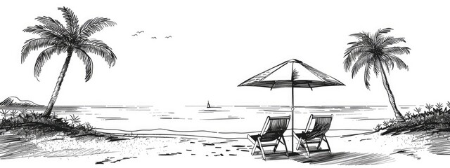 Sketch illustration of seaside promenade with palms, two chairs, umbrella.