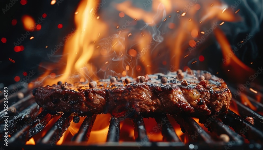 Wall mural grilled steak on a stainless grill with flames on a dark background