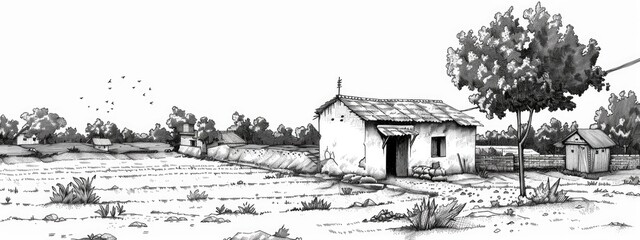 Traditional Indian village where farmers live. Sketch illustration.