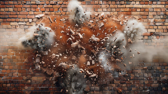 Explosion of brown brick wall