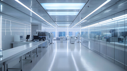A large, clean, and sterile laboratory with a white color theme