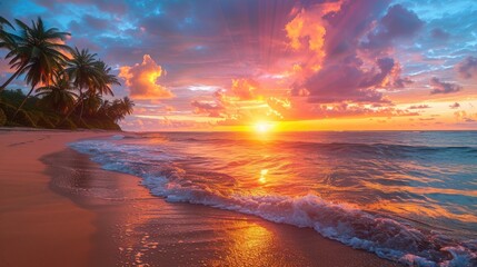 Amazing vivid sunset over calm sea. Pink, blue and violet colors of sky and their reflection on water surface.