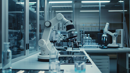 A robot is working in laboratory object on a table