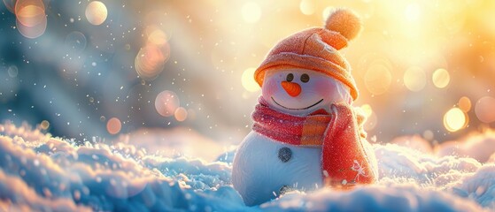 Cute snowman with hat and scarf standing in the snow