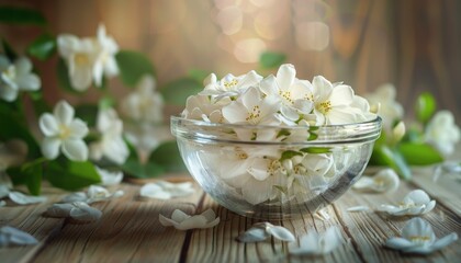 Harvesting white jasmine for tea or cosmetics displayed on wooden background Floral scenery