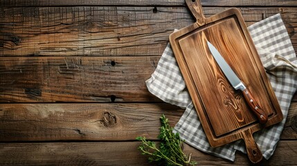 Fototapeta premium Top view of wooden table with cutting board napkin and knife with empty space