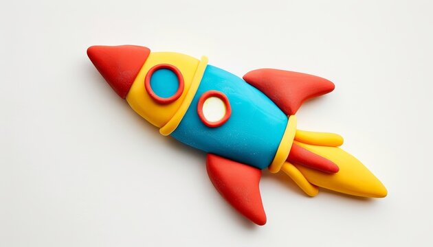 Handcrafted plasticine rocket icon on white background