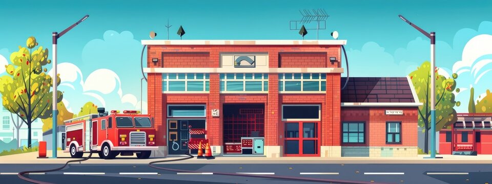 An urban landscape with a view of the fire station standing near the road. Cartoon illustration.