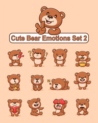 Set of cute bear cartoon character in various poses stickers vector illustration