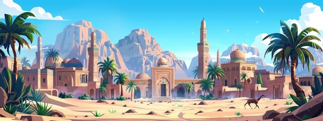 Ancient arab city in desert. Cartoon illustration of sandy area with palms.