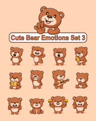 Set of cute bear cartoon character in various poses stickers vector illustration