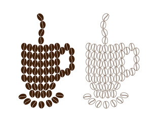 Coffee Cups Made of Coffee Beans Stylized mugs with saucer and steam Set of 2 Logo Sticker Icon idea