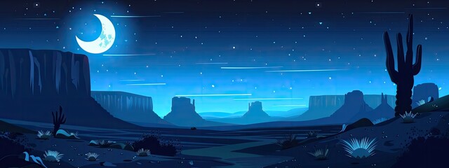 Night landscape in the desert. Cartoon vector illustration.