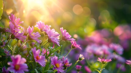Sunlight shining on blooming flowers in spring garden