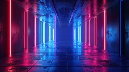 3d technology abstract neon light background, empty space scene, spotlight, dark night, virtual reality, cyber futuristic sci-fi background. copy space for text.