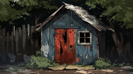 A rustic, weathered shed with peeling blue paint and a red door, surrounded by trees and overgrown foliage, gives a serene, abandoned feel.
