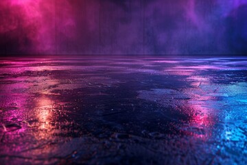 Neon reflections on wet asphalt at night Dark abstract studio stage Product Showcase Spotlight...