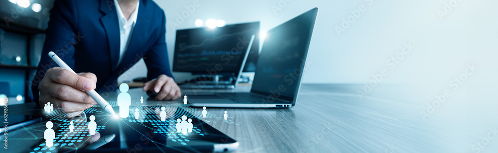 Poster .Businessman drawing global structure networking and data exchanges customer connection, CRM. Customer Relationship Management, Business leadership, Recruitment, HR. Human resources.