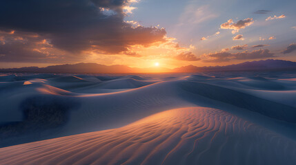 A beautiful sunset over a desert landscape with mountains in the background