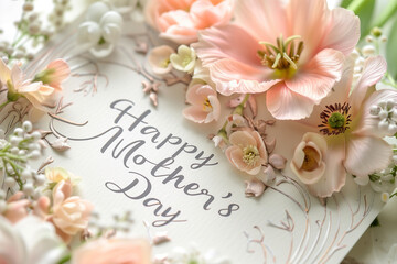 A colorful floral background with a happy mother's day message. The flowers are arranged in a way that they look like they are blooming, and there are butterflies and bees in the background