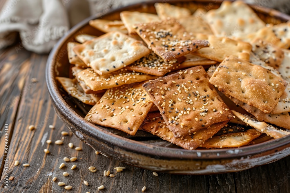 Wall mural organic crispy flatbread crackers with sesame and salt on wooden plate