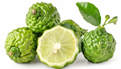 Fototapeta premium Organically grown Bergamot or kaffir lime fruits sliced in half on white background representing herbal medicine