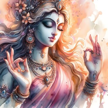 Watercolor Painting of Goddess Parvati's Graceful Hands: Illustration Wall Art