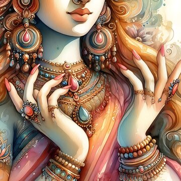 Watercolor Painting of Goddess Parvati's Graceful Hands: Illustration Wall Art