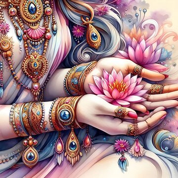 Watercolor Painting of Goddess Parvati's Graceful Hands: Illustration Wall Art