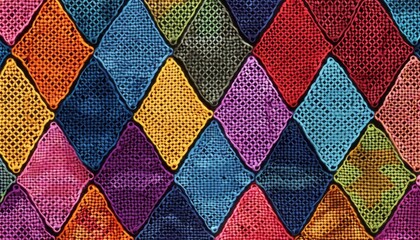 Pattern of knit and crochet multi colored texture repeated rhombuses