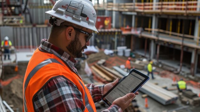 A project manager uses their tablet to communicate with construction workers and subcontractors ensuring efficient and realtime updates.