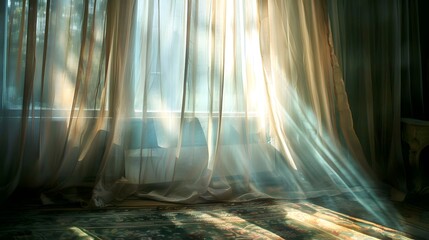 Sunlight streaming through sheer curtains into a room