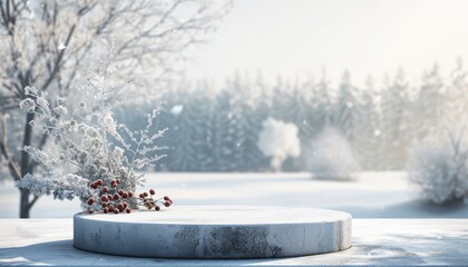Pedestal for winter decorations and snowy landscape