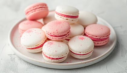 Fototapeta premium Pink and white macarons on a plate Delicious cookies on a light background Bakery